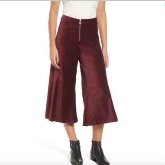Code X Mode Burgundy red velvet wide leg cropped high waisted zip pants womens M - Picture 1 of 9